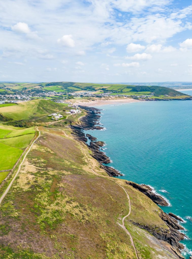 Croyde coastline showing the clifftop, sea and beach in the distance